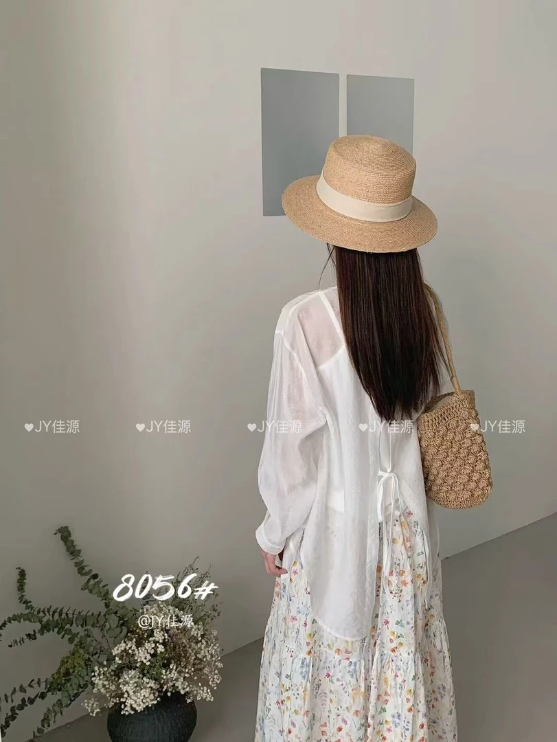 8056韩版后背开叉绑绳防晒衬衫两件套