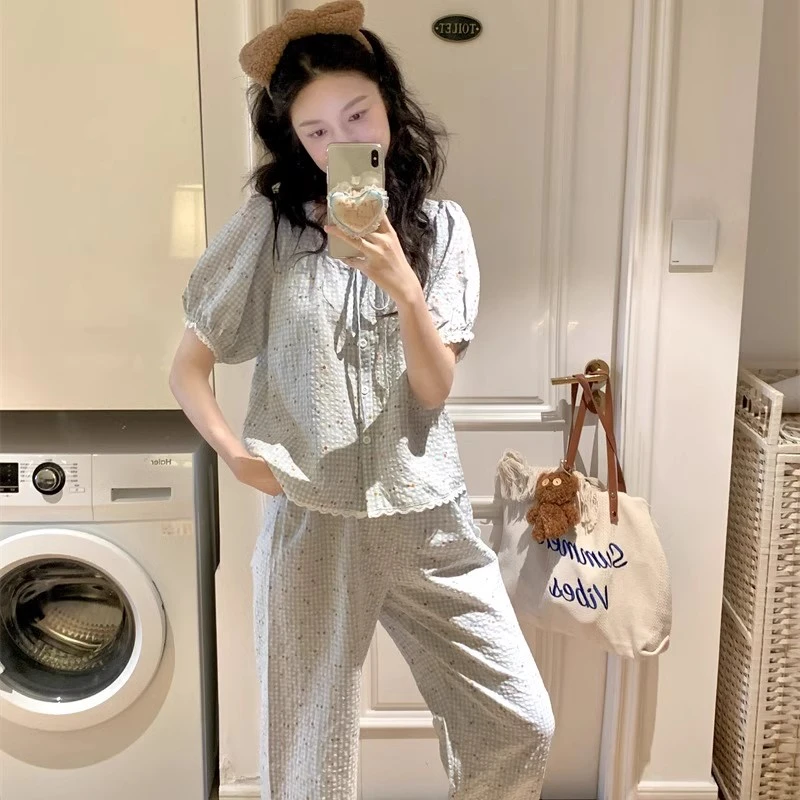 梭织棉短袖长裤2025新款女春夏两件套装女士大码家居服可外出套装