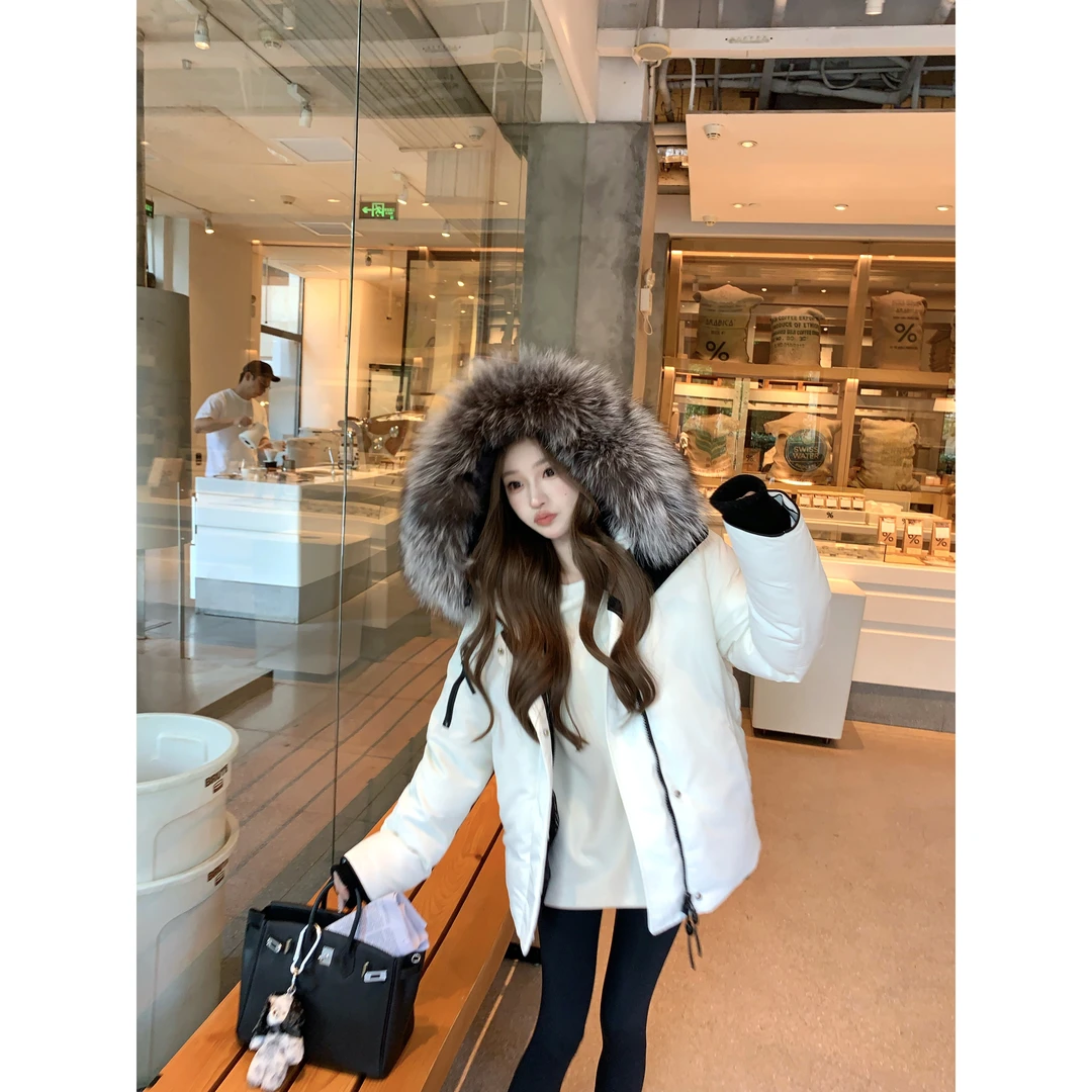 林子熙重工大毛领短款白色羽绒棉衣棉服女保暖外套冬