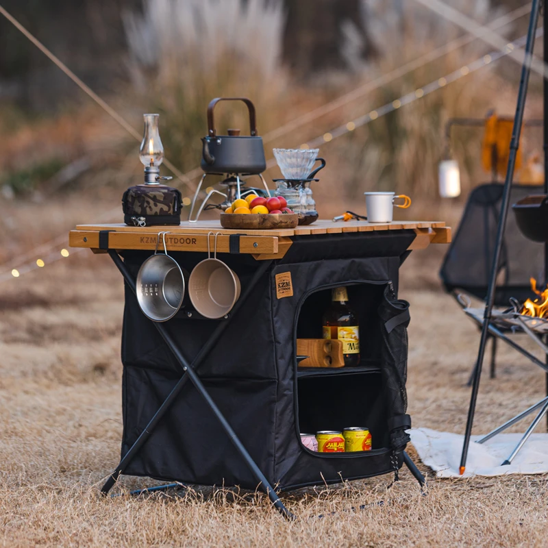 户外可折叠储物柜多功能实木桌面柜野外露营便携式大容量两用桌柜