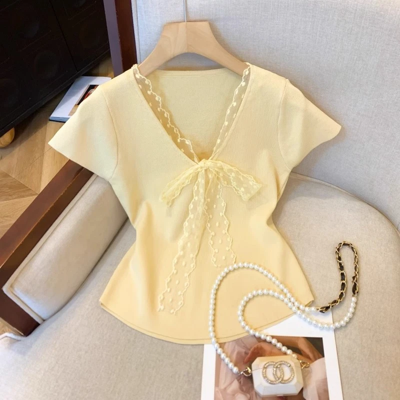 黄色v领蝴蝶结漂亮针织衫女夏季超好看温柔独特修身短袖上衣