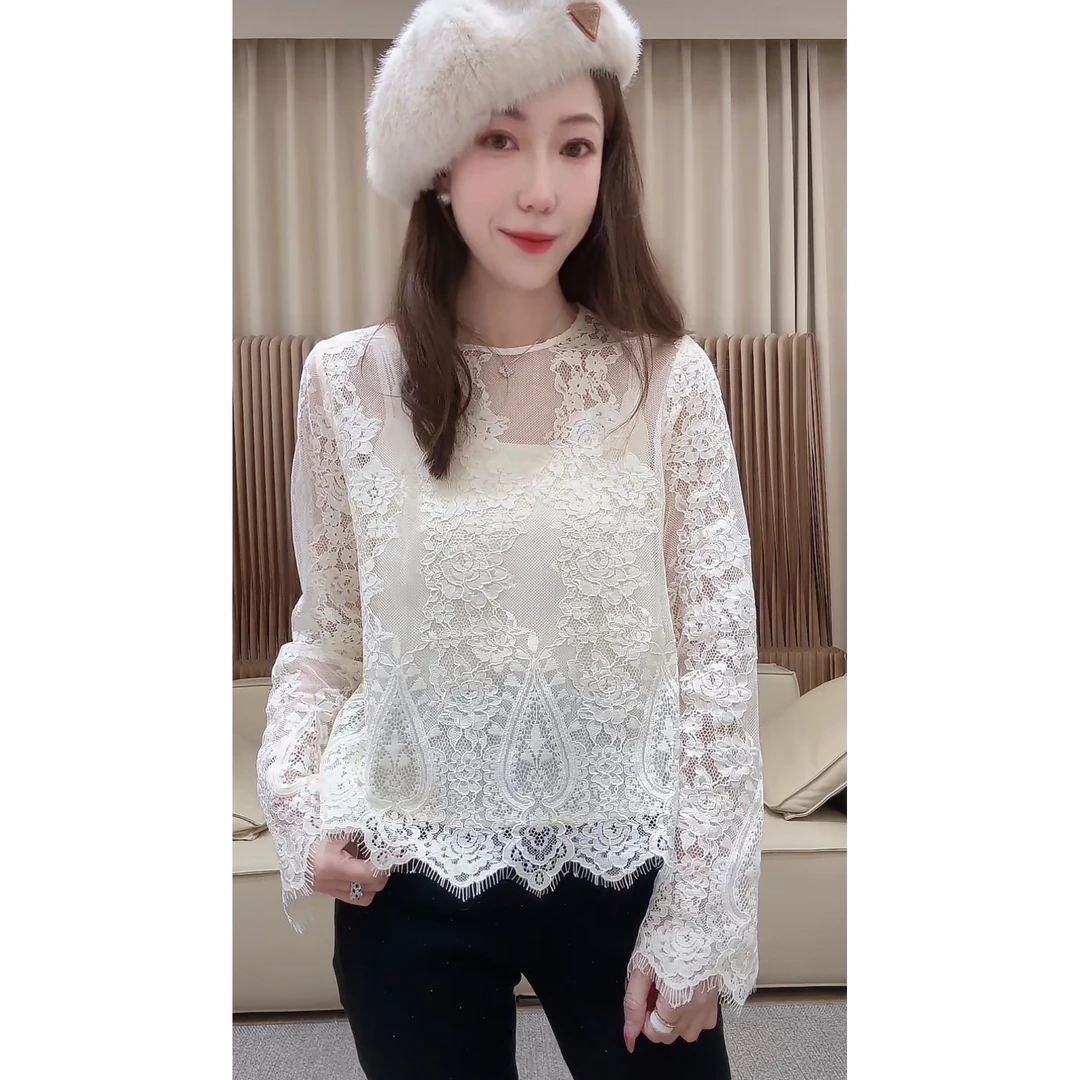 DEDM•STUDIO/气质法式镂空钩花蕾丝衬衫上衣内搭两件套（KS034）