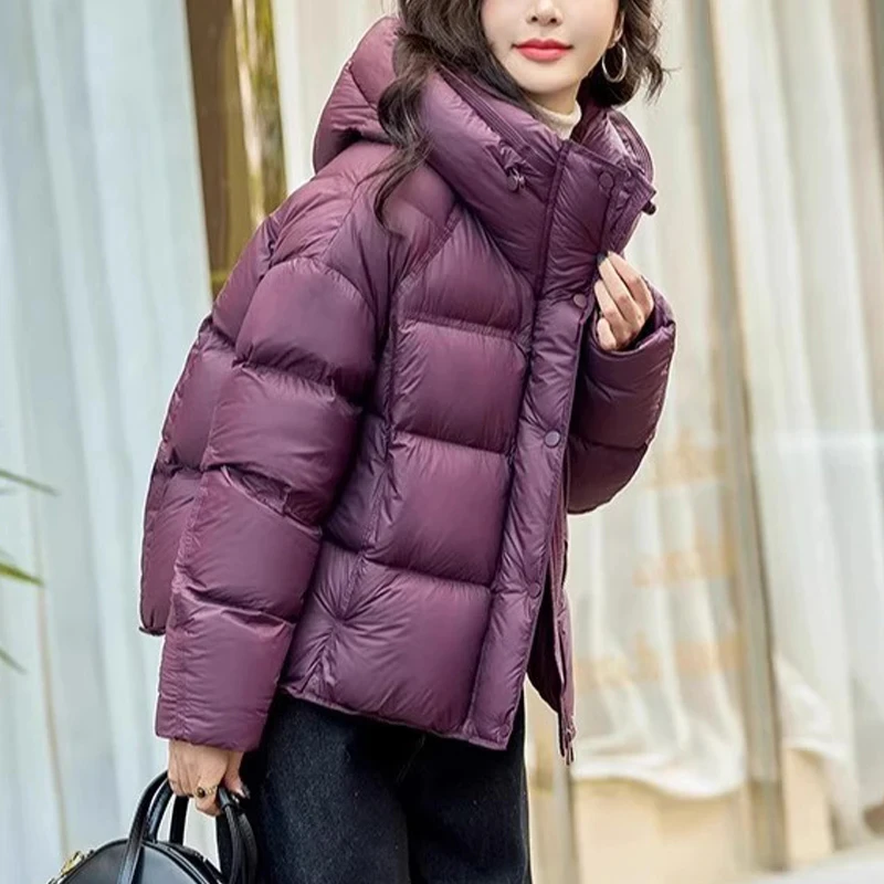 韩系紫色棉衣女2025年新款宽松短款棉服加厚棉袄女冬季连帽外套潮