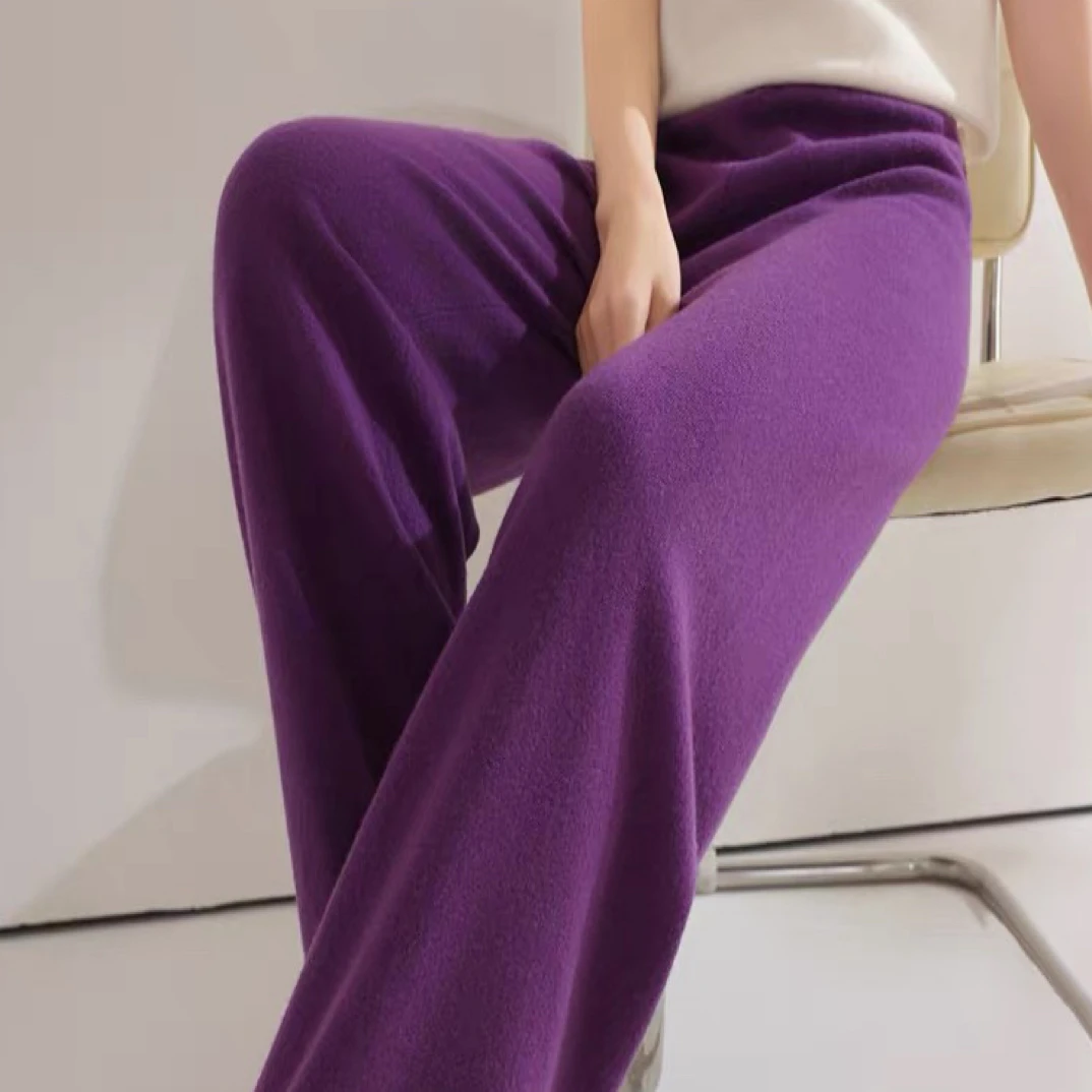 民族风100%纯羊毛针织阔腿裤女秋冬复古高腰垂坠感直筒裤拖地长裤