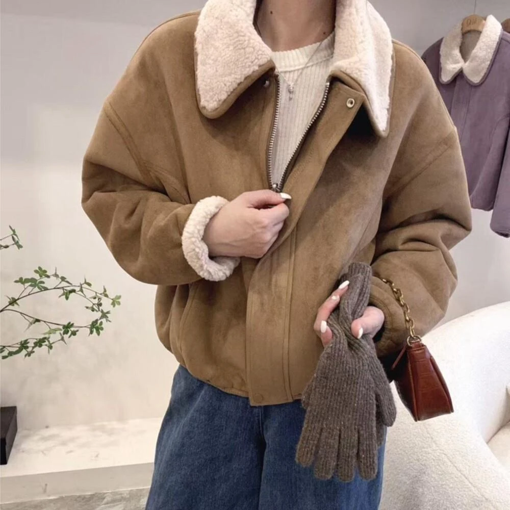 2025秋冬季新款女士时尚复古翻领夹克外套高级感加厚百搭短款棉衣