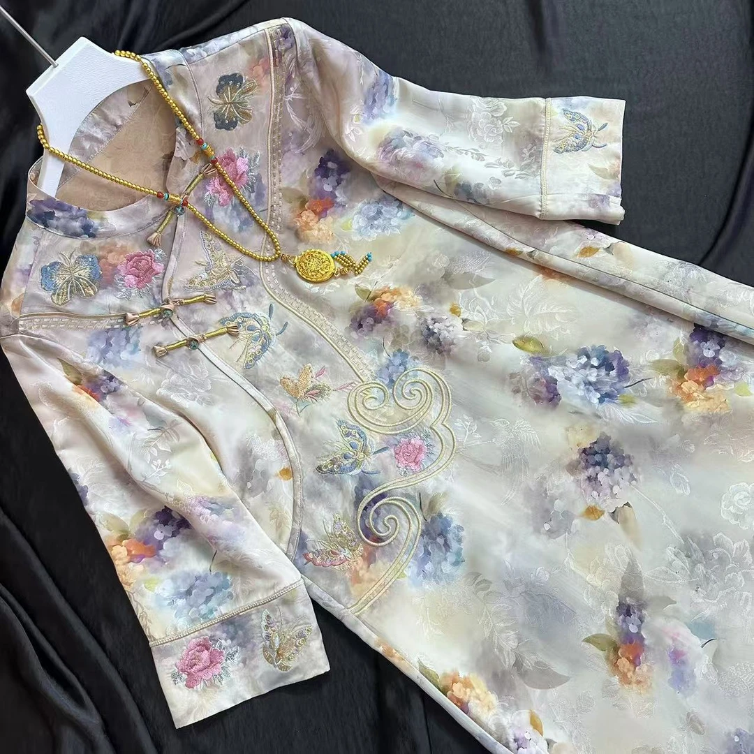 0262-常熟新中式【福莱】夏季新款老料气质长款花色连衣裙