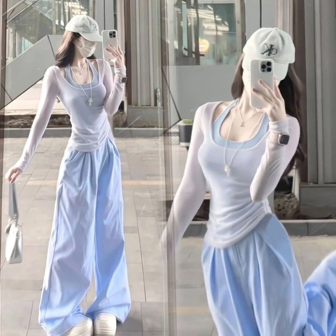 纯欲风洋气三件套女夏季防晒长袖罩衫挂脖吊带背心高腰阔腿裤套装