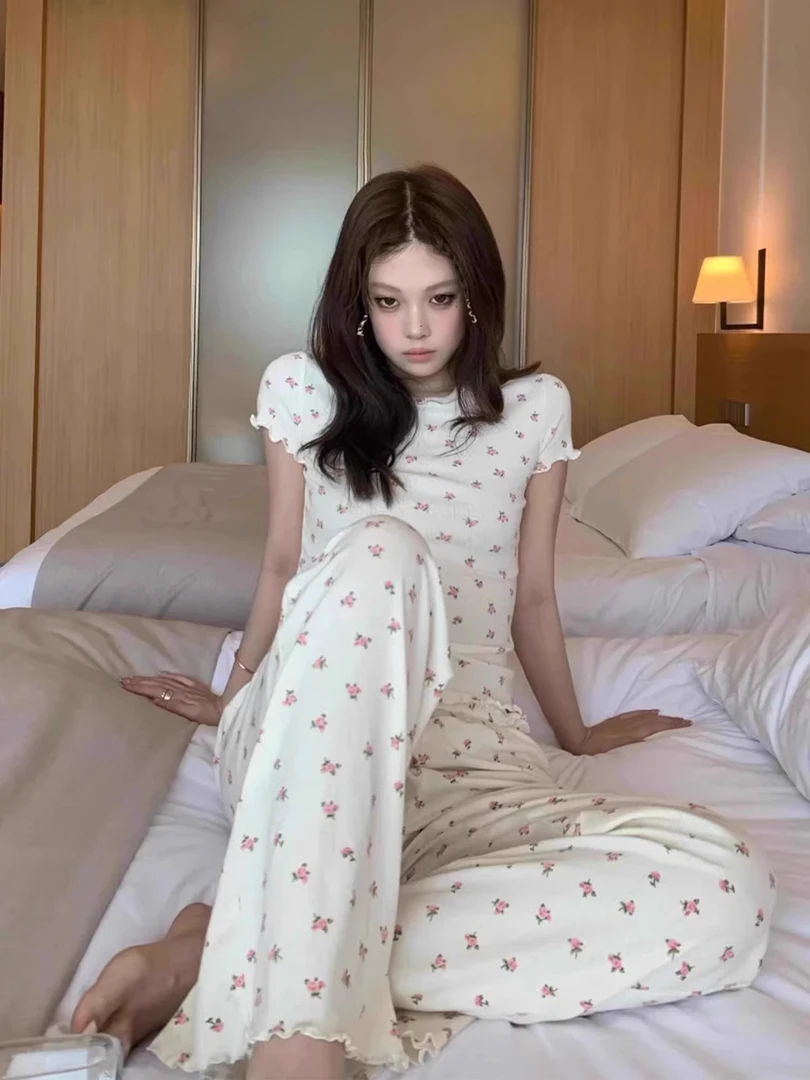 【DMXJ大梦想家】纯欲风碎花睡衣女款夏季可外穿长裤家居服大码套装