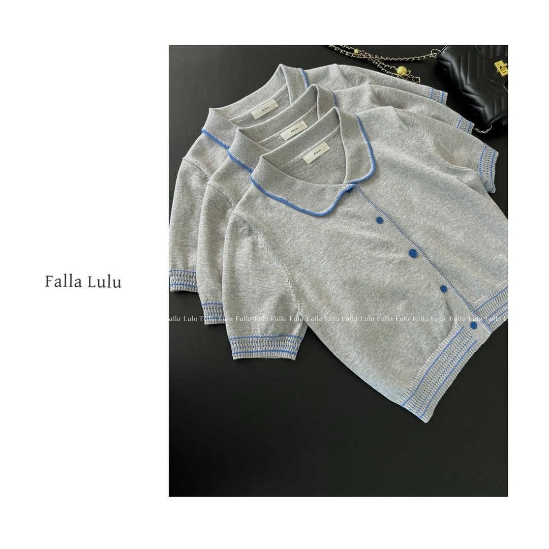 【香颂漫调】灰蓝撞色polo领小衫 A5896