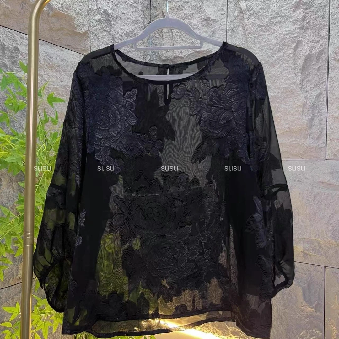 黑色洋气大方时尚气质优雅显瘦提花上衣