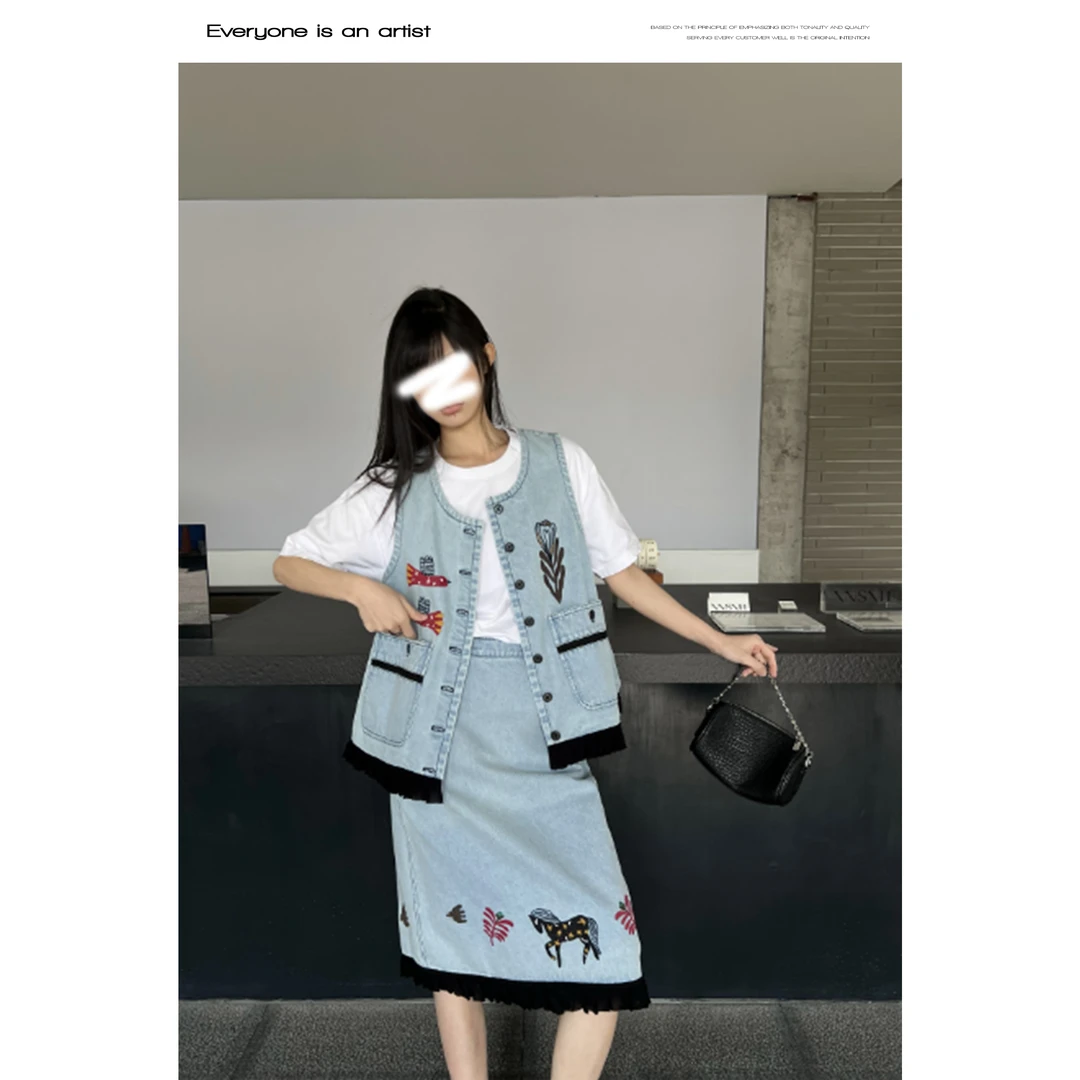 61515-1半身裙刺绣蓝色直筒裙夏款