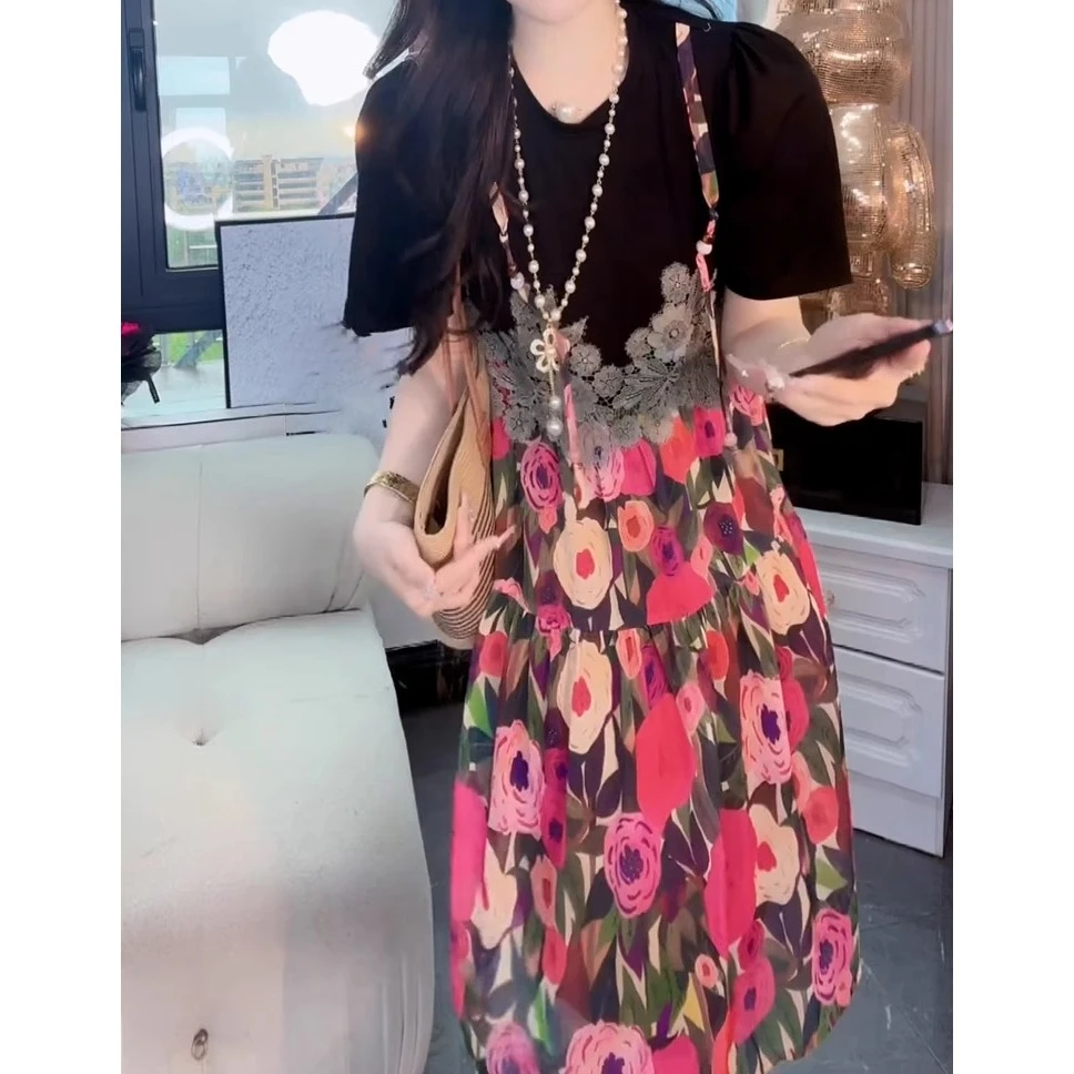 法式度假风蕾丝拼接连衣裙女夏季新款假两件遮肉显瘦中长裙3632