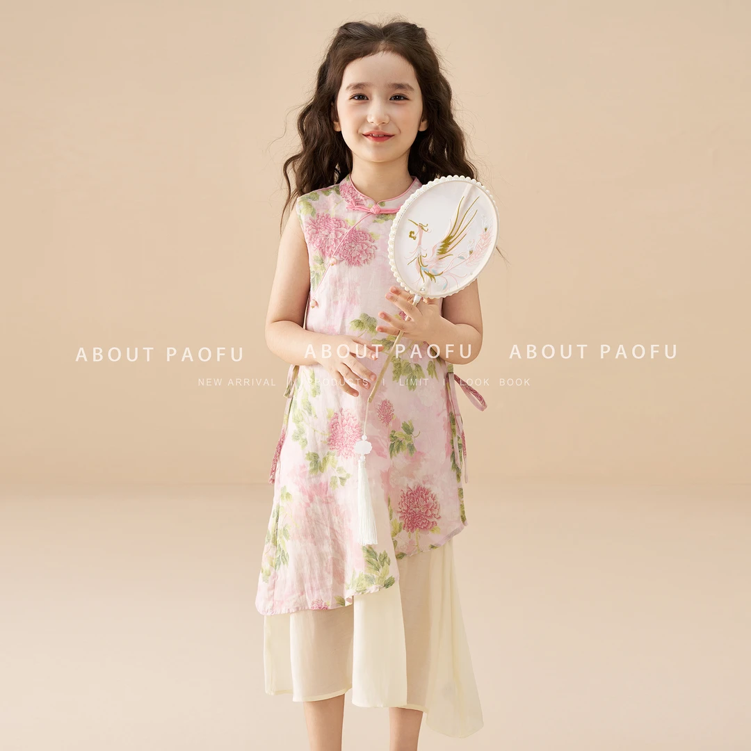 【月秀】泡芙定制 新款100苎麻42支女童国风连衣长裙  DY1250513