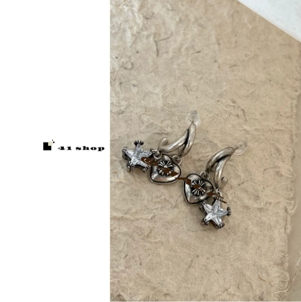 铜合金锆石耳饰 A559 克克爱心五角星锆石交叉做旧款耳钉耳饰