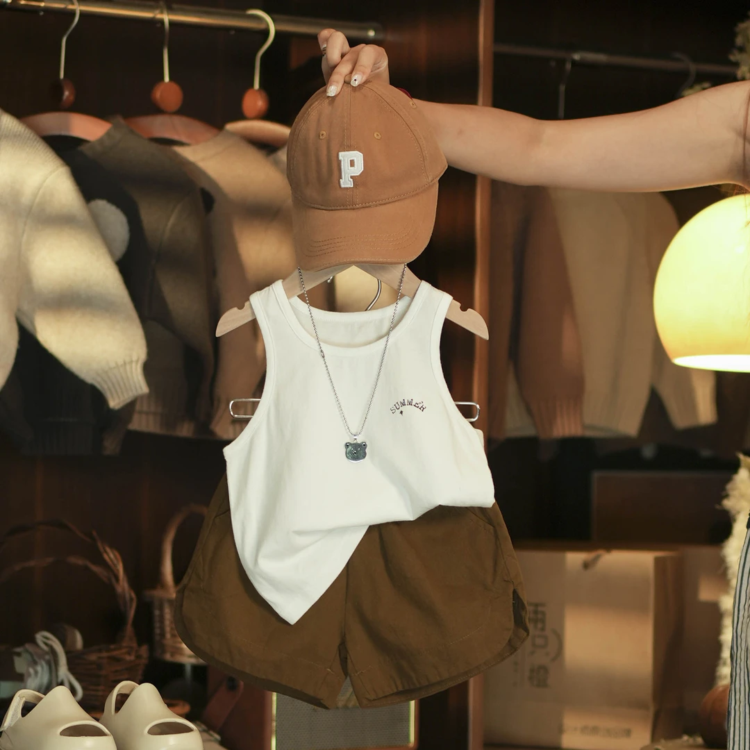 【两只橙】《夏》无证奶驾~儿童交叉背新款夏天背心+五分棉布休闲裤