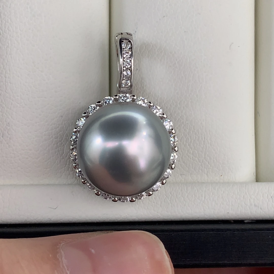 定制海水珍珠银S925镶嵌吊坠(不含链)12.4mm铂金灰一颗