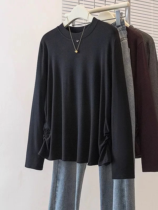 新疆包邮【3003】韩系百搭显瘦褶皱长袖T恤-衣长60cm