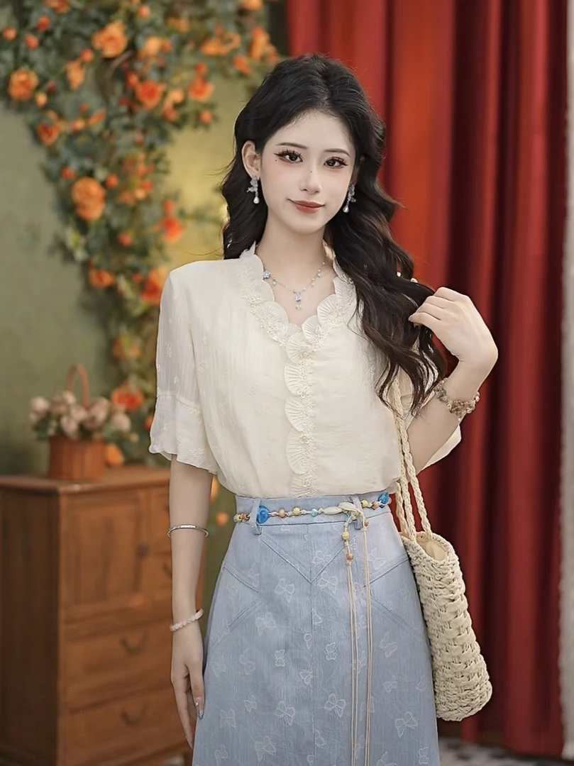 小小港风 【日与月光】25年新款气质百搭重工设计洋气显瘦衬衫#4133