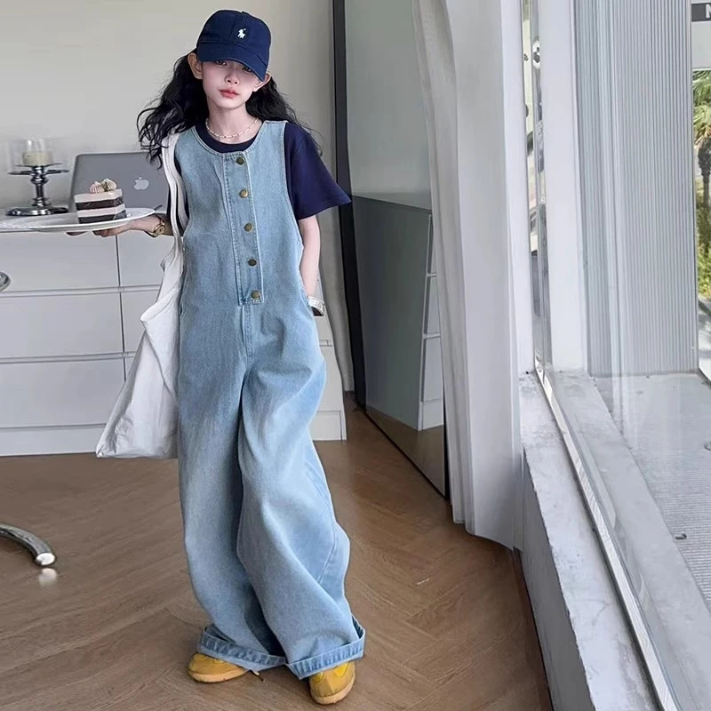 女童牛仔套装夏装2025新款女孩洋气中大童连体裤儿童单排扣两件套