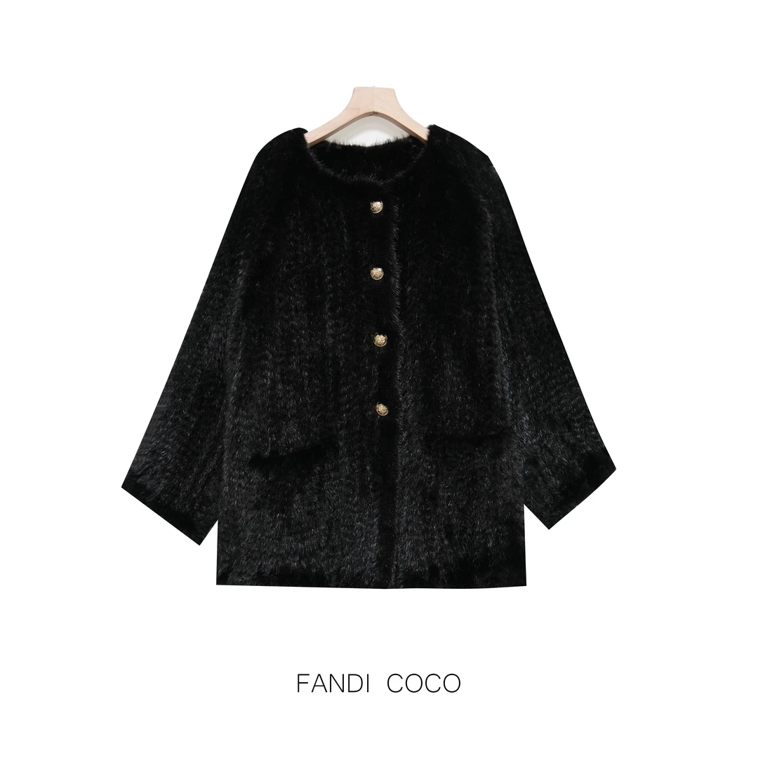 FANDI COCO "黑绒金序" 圆领简约宽松时尚编织水貂外套 FS2501