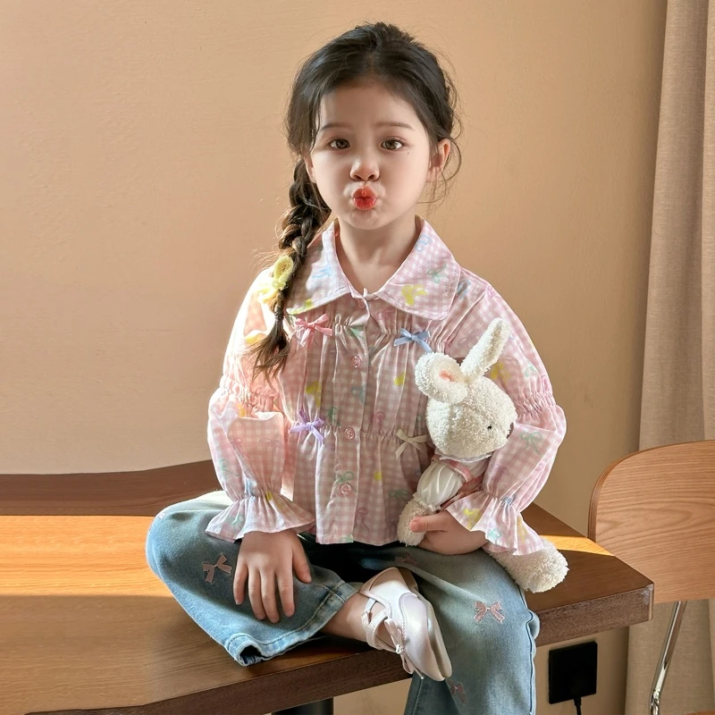 女童衬衫春季2025新款洋气儿童长袖格子衬衣女孩时髦春秋上衣