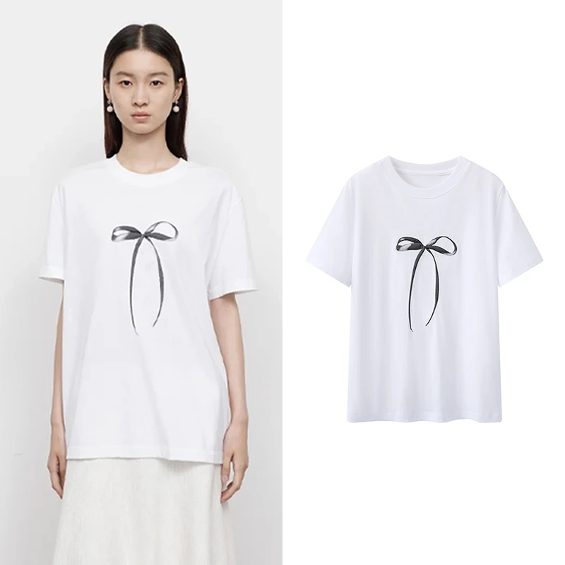 【D】短袖T恤2025春季新款漂白色蝴蝶结印花T恤女款式A5185