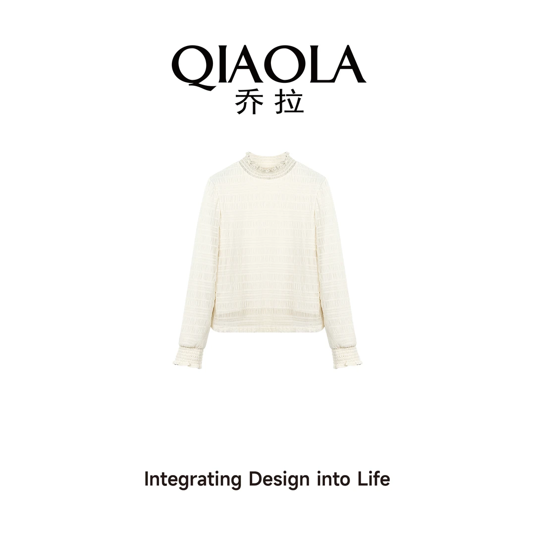 QIAOLA/乔拉【馥白清欢】秋冬季氨纶纱花边立领百搭减龄针织衫预售