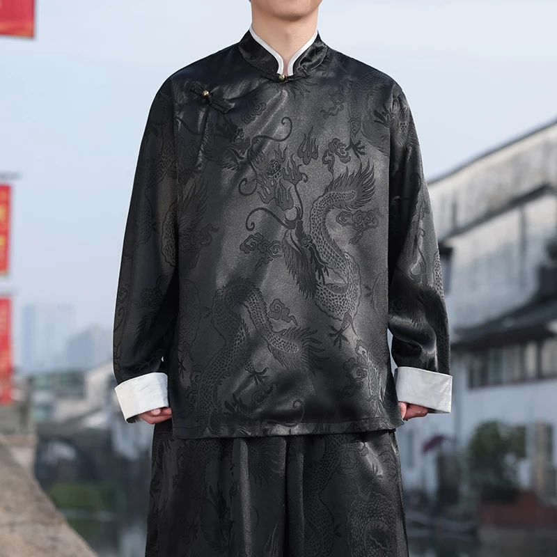 新中式唐装马褂男立领中山装外套中国风缎面龙纹提花宽松斜襟汉服