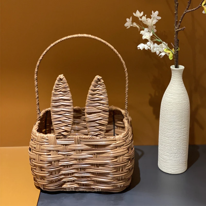 兔子杂物收纳篮编织桌面创意草编收纳盒野餐手提篮仿藤编菠萝家居