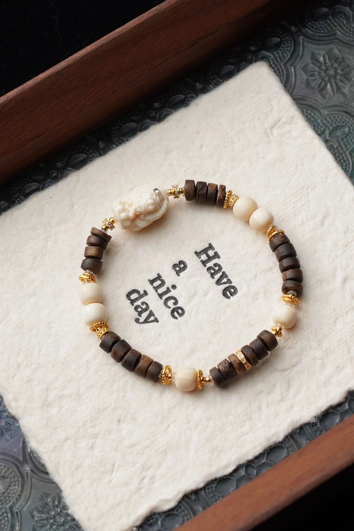 猛猛赚 天然猛犸牙6*7mm老型珠雕刻扎基12*16*11mm单圈手串