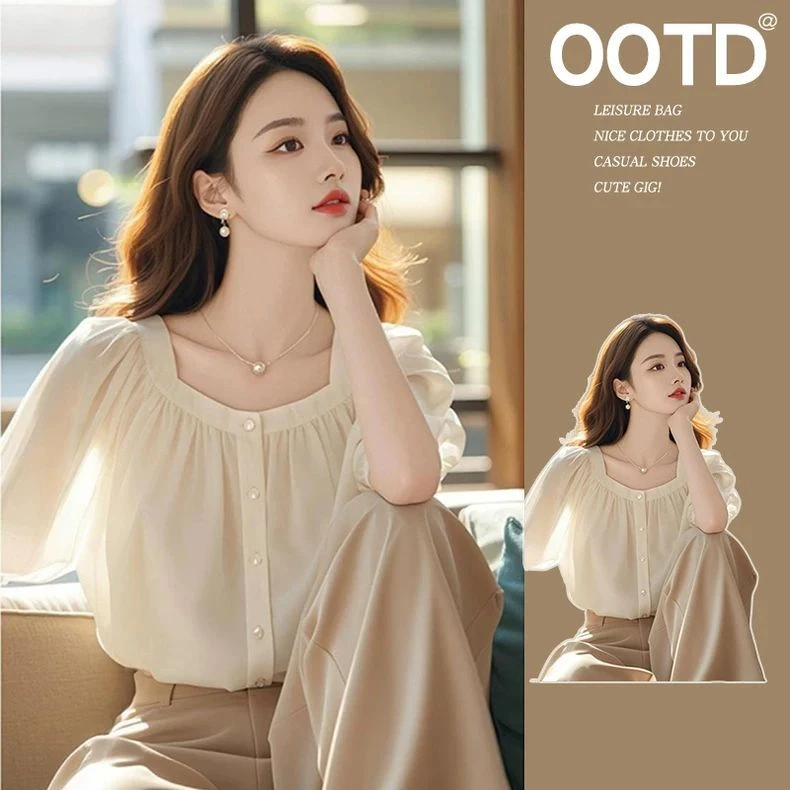 夏季独特别致轻熟法式温柔高级上衣设计感宽松白色雪纺短袖衬衫女