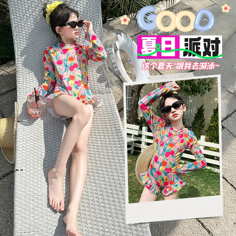 女童夏季泳衣2025新洋气时髦中大童6-12岁时尚花朵印花连体游泳服