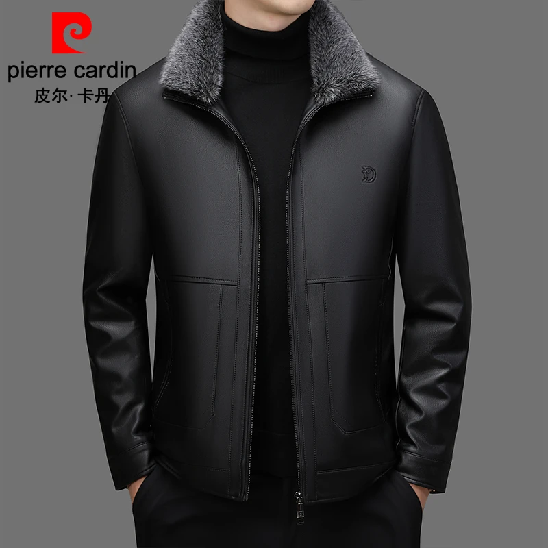 皮尔卡丹海宁皮毛一体皮衣男加绒加厚冬季保暖休闲皮夹克外套休闲