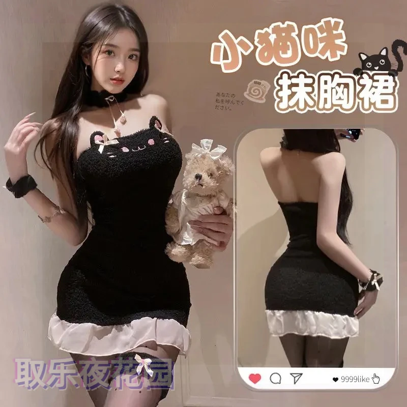 露肩无袖性感风通用高弹力连衣裙小猫咪职场休闲风连衣裙2025新款