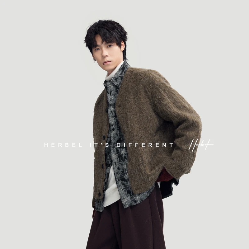 HERBEL/黑白2025年冬季新款V领毛呢大衣男款保暖百搭短大衣外套