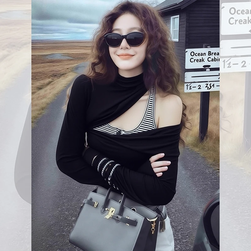 假两件T恤打底女装秋冬独特漂亮内搭半高领小衫新款露肩长袖上衣