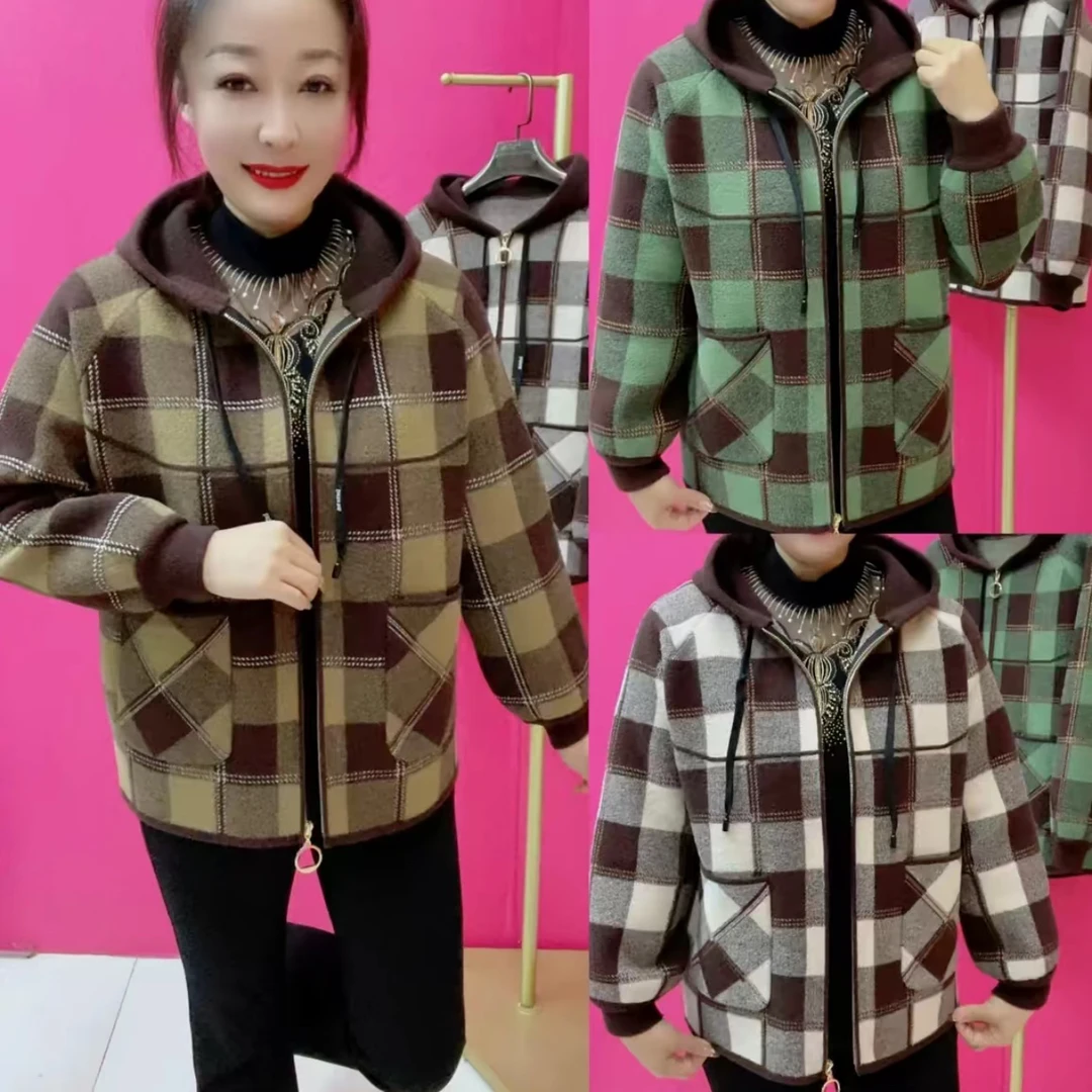 <专柜品质>新款格子连帽春秋季拉链开衫短外套