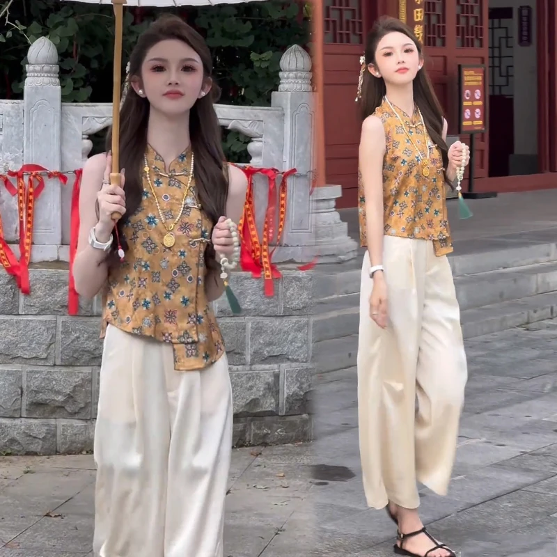 时尚国风套装女2025夏季新款时髦洋气盘扣新中式上衣阔腿裤两件套