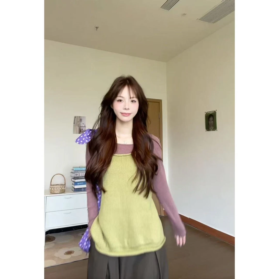 基础款纯色长袖T恤女内搭单穿叠穿打底衫+针织挂脖0215+0214