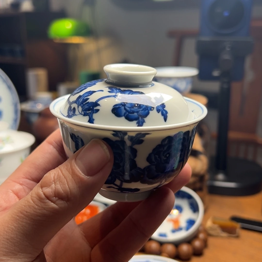 景德镇陶瓷花卉盖碗仿明