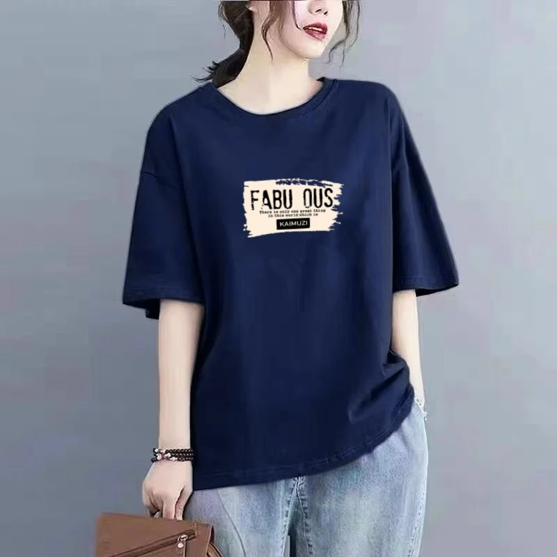 纯棉短袖女夏季时尚圆领宽松微胖大码显瘦百搭t恤半袖休闲上衣女