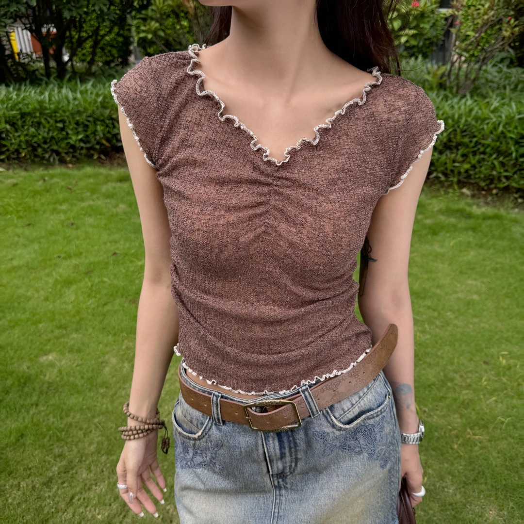 Moprobably李予诺「威化衫」美式辣妹时尚V领木耳边短袖T恤L5247258