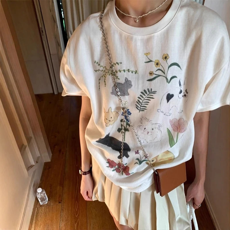韩系童趣设计感卡通兔子印花宽松短袖T恤女夏季圆领半袖白色上衣