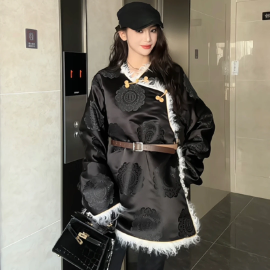 缎面V领中长款外套圆花民族风高级感满满