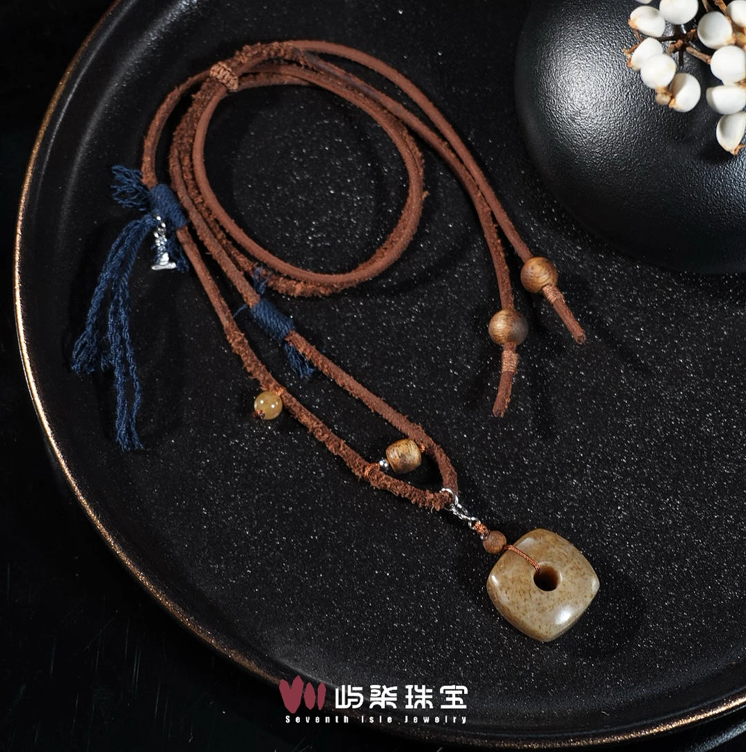 A194 和田玉银925镶嵌 糖料小方扣编绳颈饰多样性发一19x10防跑