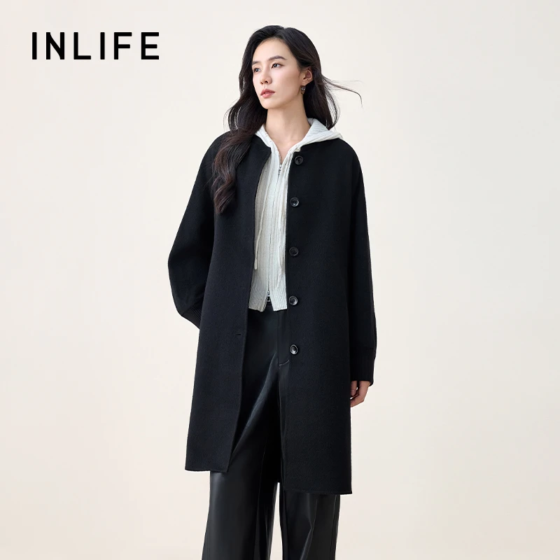 inlife高级中长款双面羊毛外套女冬季新款宽松毛呢大衣