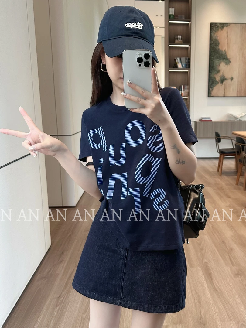 C07241韩版时尚减龄宽松小个子通勤圆领正肩字母短袖T恤