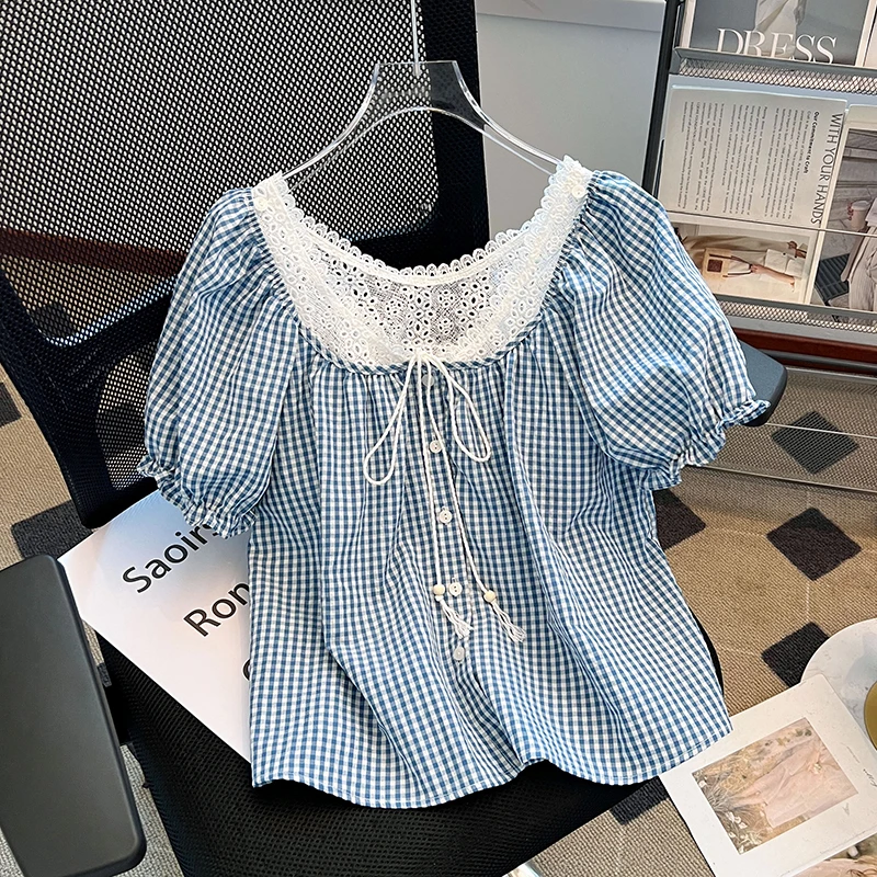 甜美蕾丝格纹假两件绝美小衫女夏季宽松泡泡袖上衣小众设计感衬衫