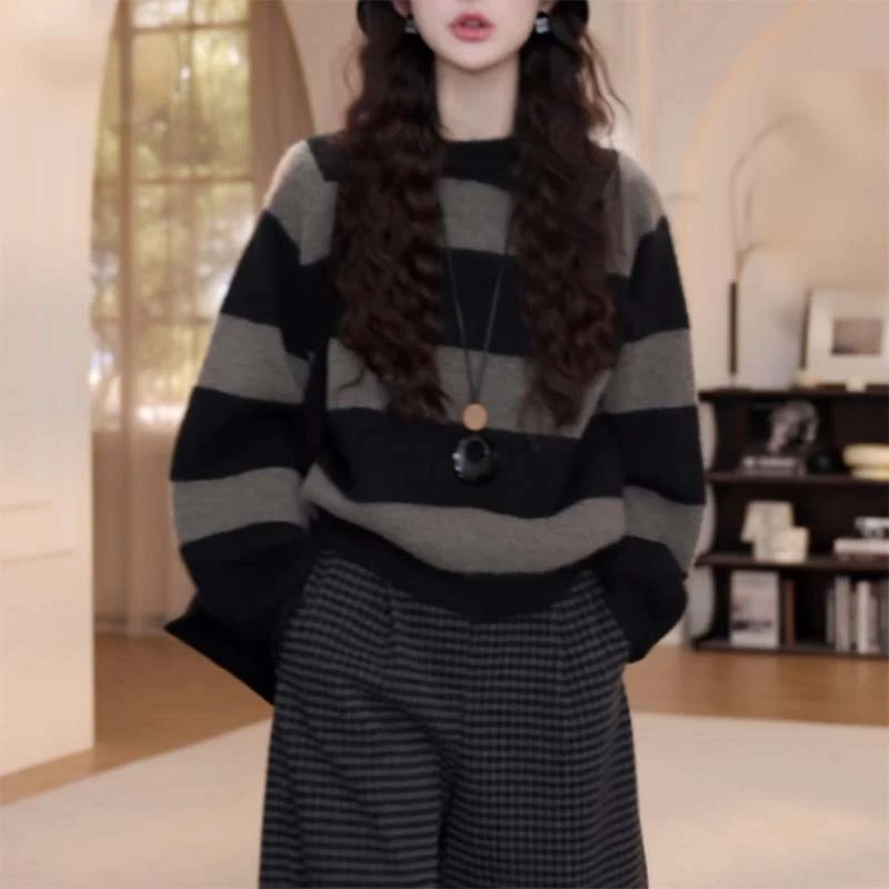高级感软糯条纹套头毛衣女秋冬季新款撞色宽松慵懒风百搭显瘦上衣