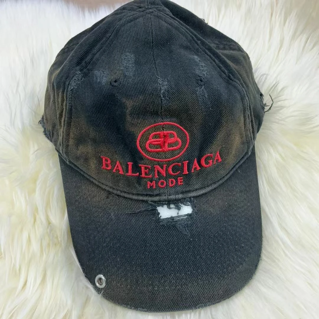 99新 Balenciaga/巴黎世家 双B锁扣刺绣logo做旧破坏棒球帽L码